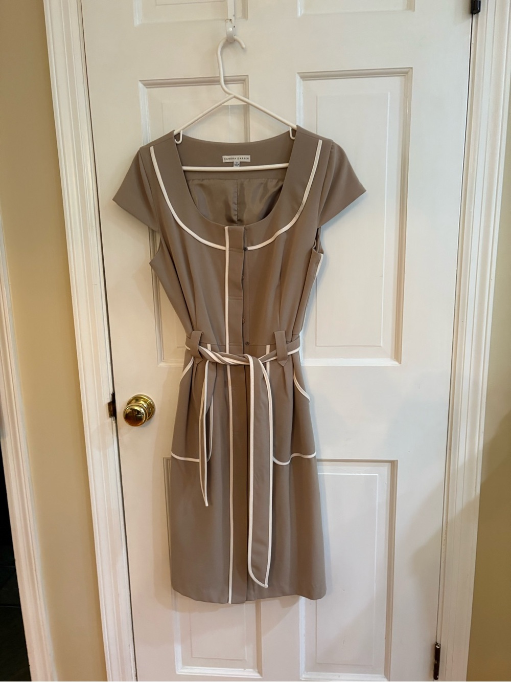 Sandra Darren Taupe Dress with White Trim